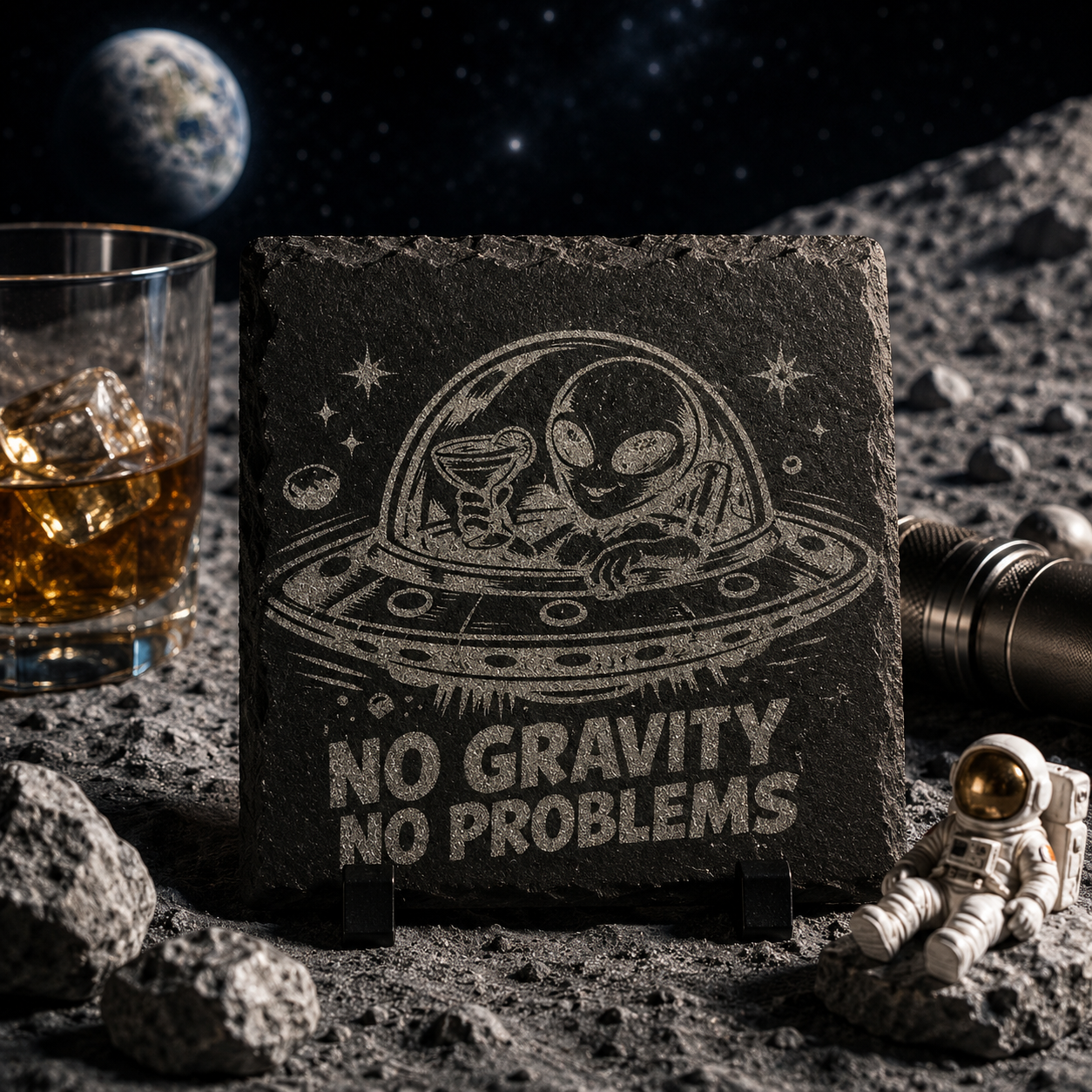 No Gravity No Problems – Alien Margarita Engraved Slate Coaster Set (4‑Pack)