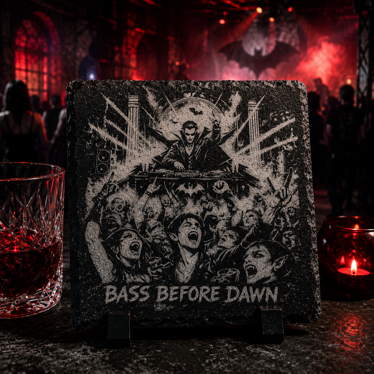 Bass Before Dawn - Vampire DJ Engraved Slate Coaster Set (4‑Pack)