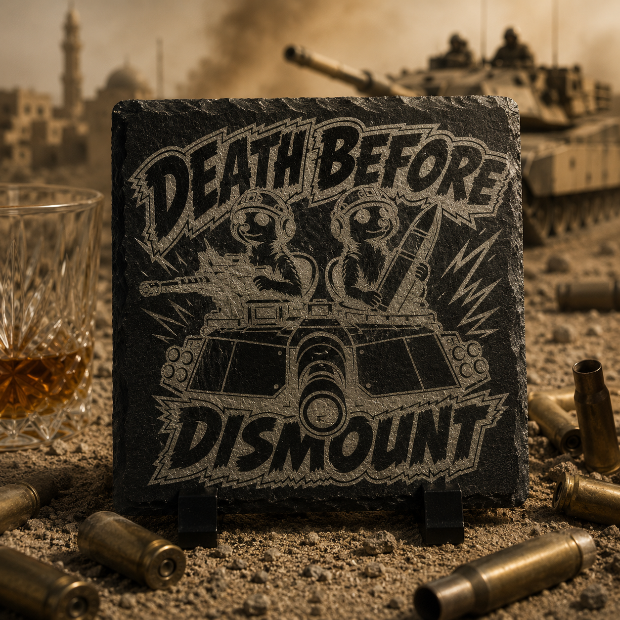 Death Before Dismount – Tank Crew Engraved Slate Coaster Set (4‑Pack)