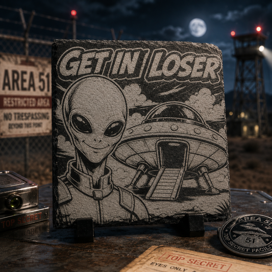 'Get In Loser' Alien Engraved Slate Coaster Set (4-Pack)